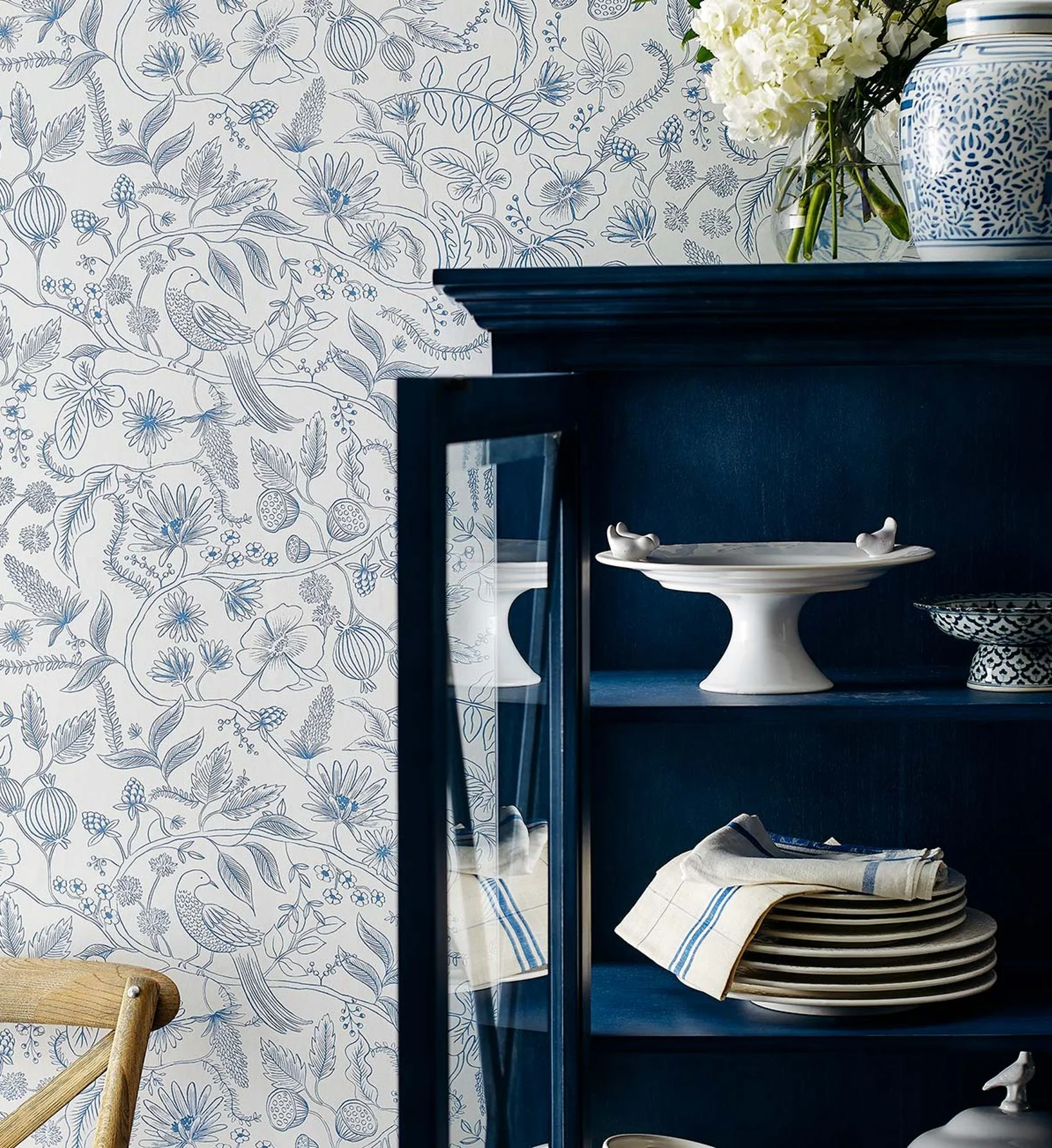 Aviary Peel & Stick Wallpaper - Blue & Cream - Image 2