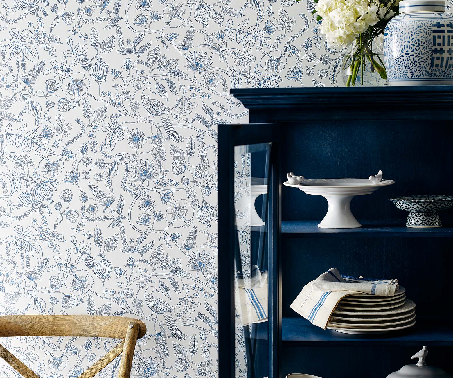 Aviary Peel & Stick Wallpaper Sample - Blue & Cream - Image 2