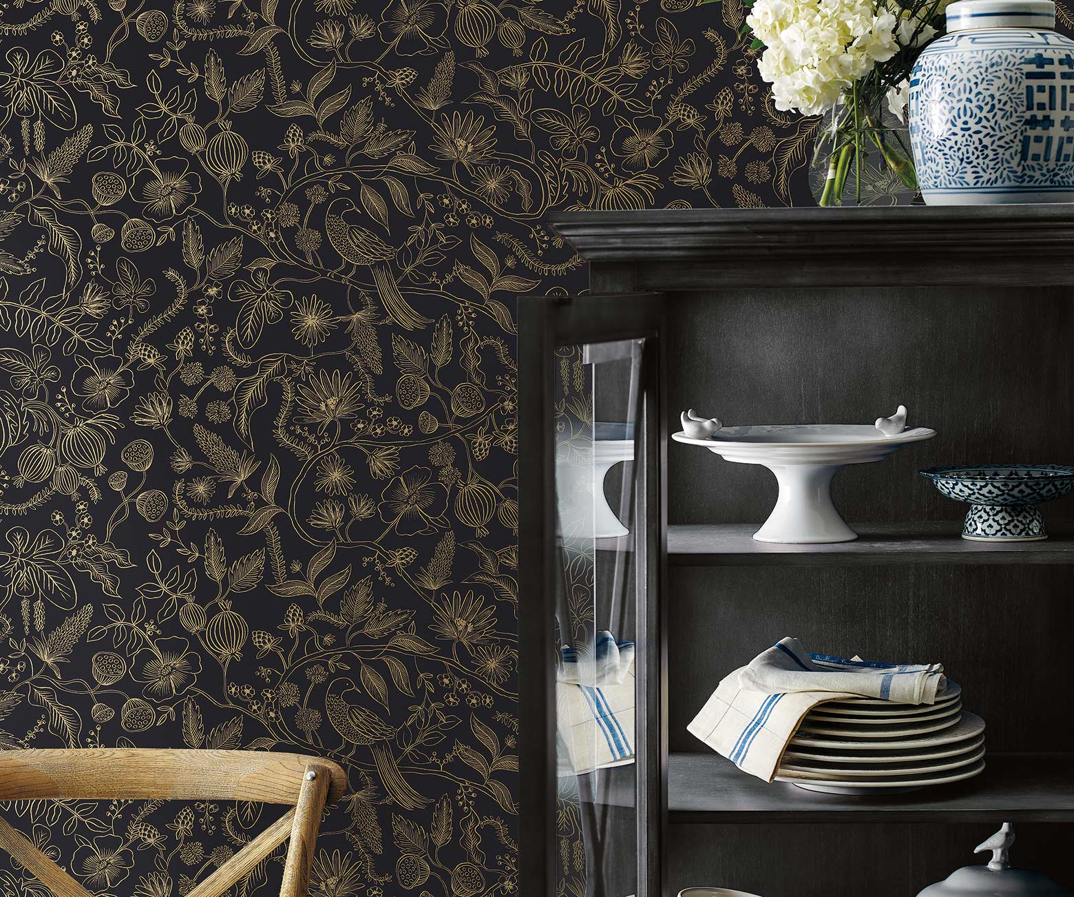 Aviary Peel & Stick Wallpaper Sample - Metallic Gold & Black - Image 2