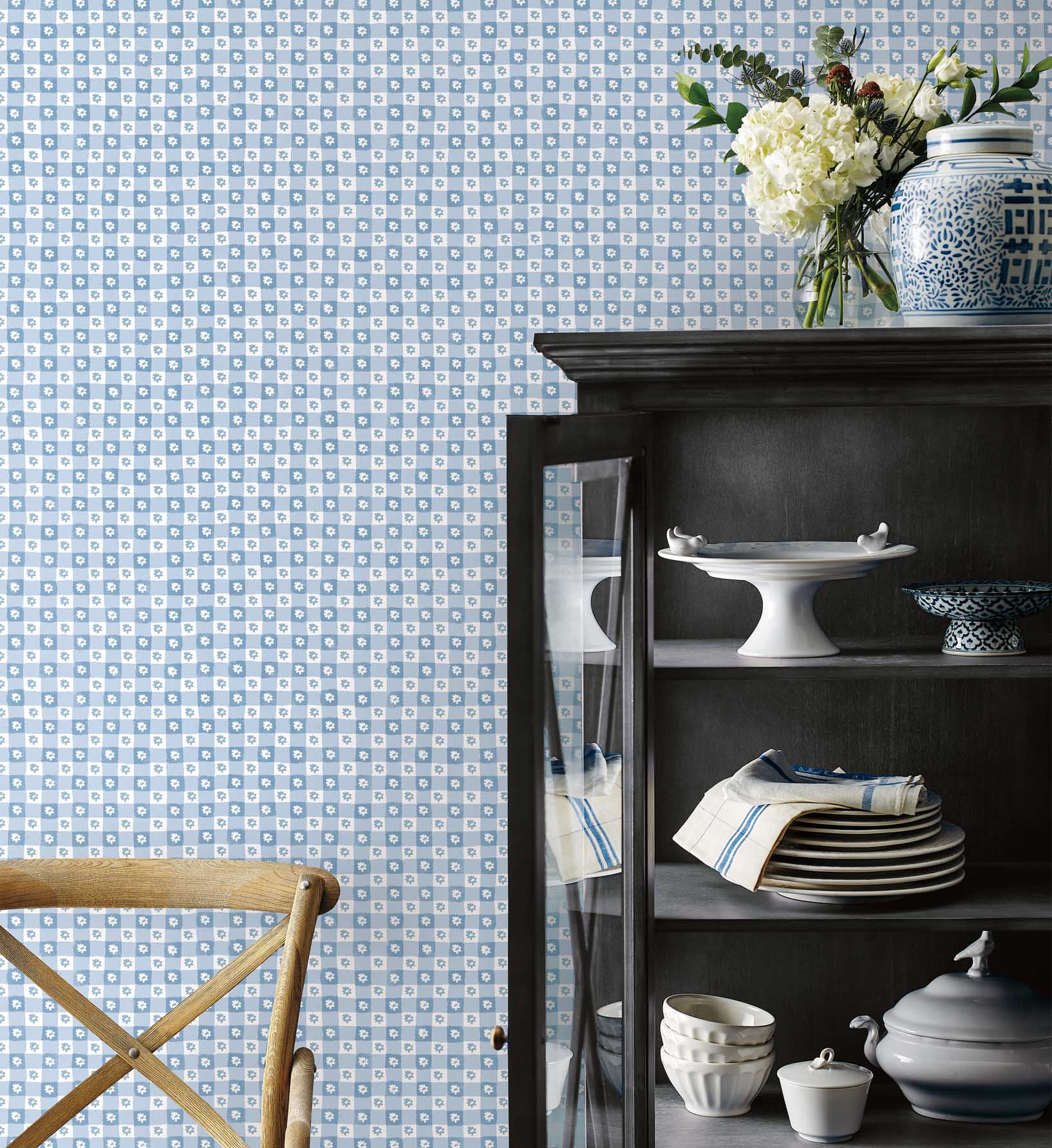 Daisy Gingham Peel & Stick Wallpaper - Blue - Image 2