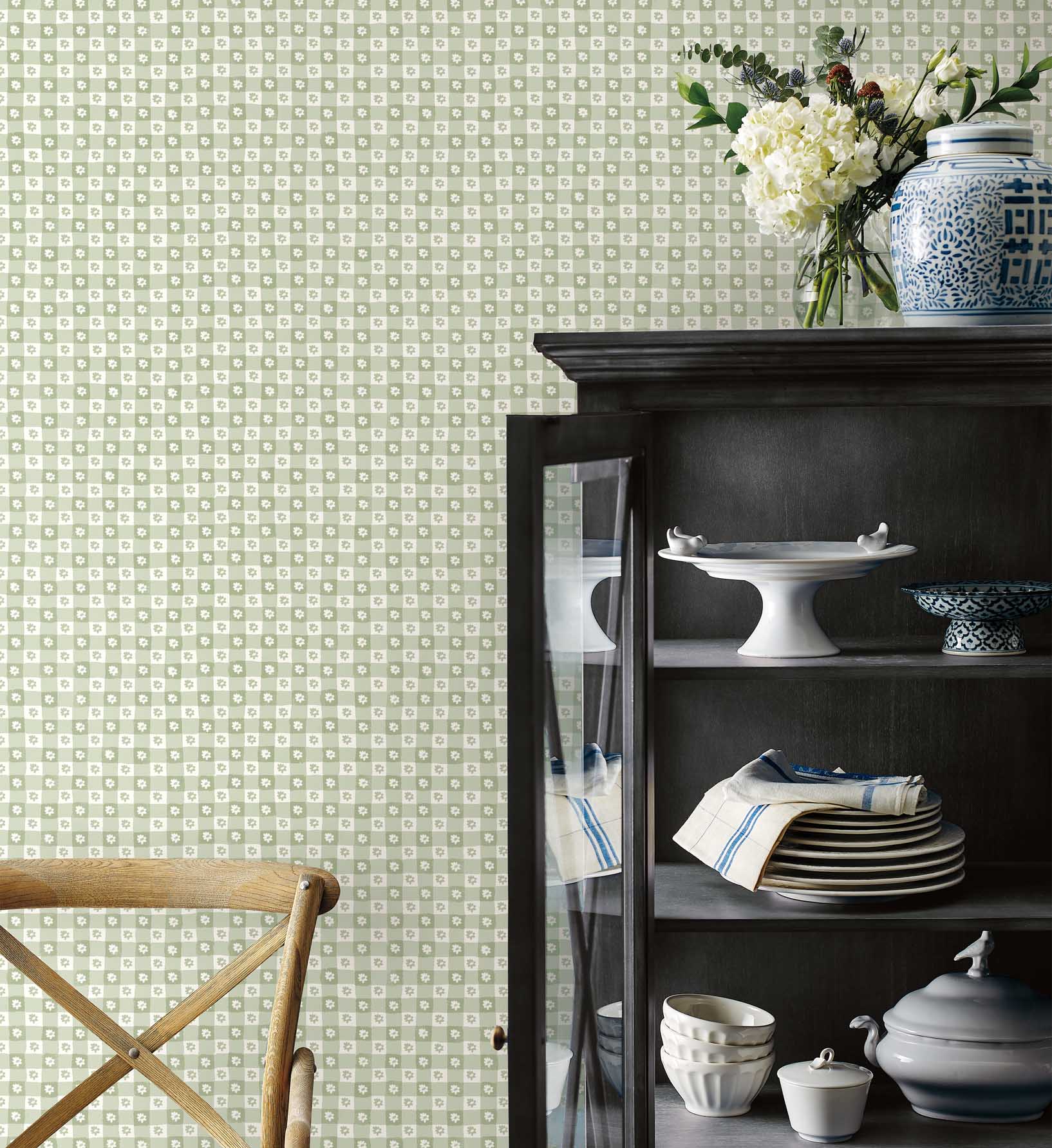 Daisy Gingham Peel & Stick Wallpaper Sample - Green - Image 2