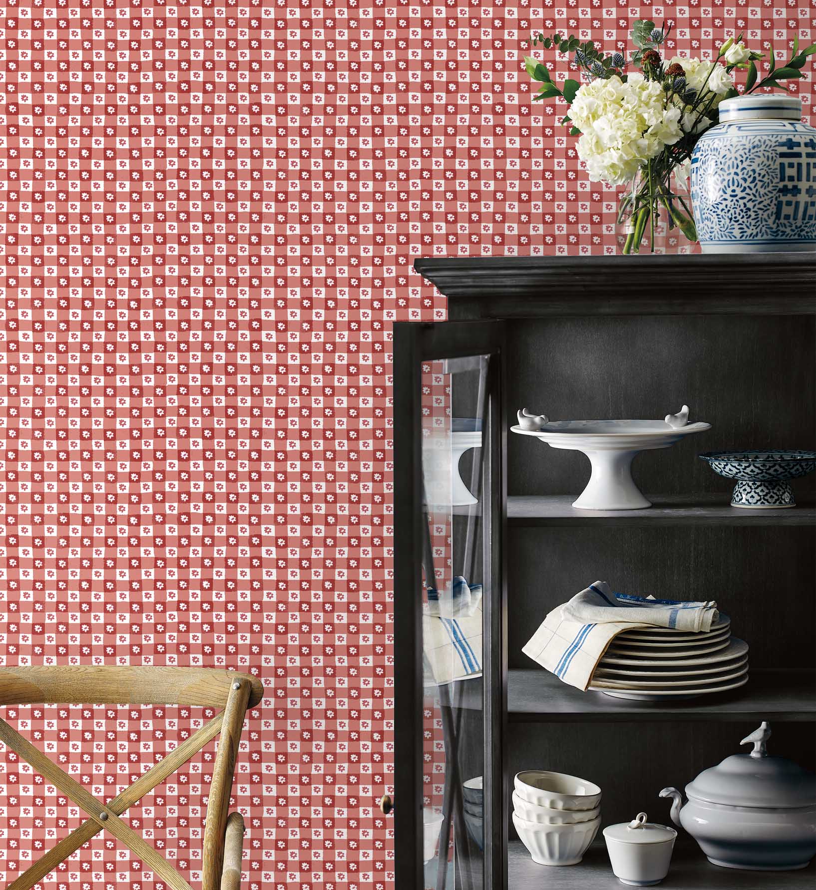 Daisy Gingham Peel & Stick Wallpaper Sample - Red - Image 2