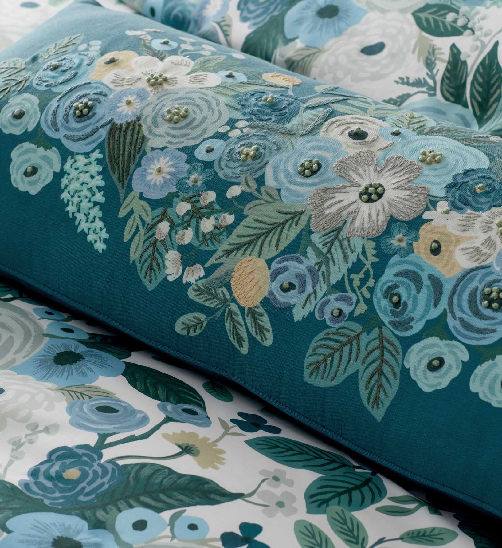 Embroidered Lumbar Pillow Cover - Garden Party Blue - Image 2