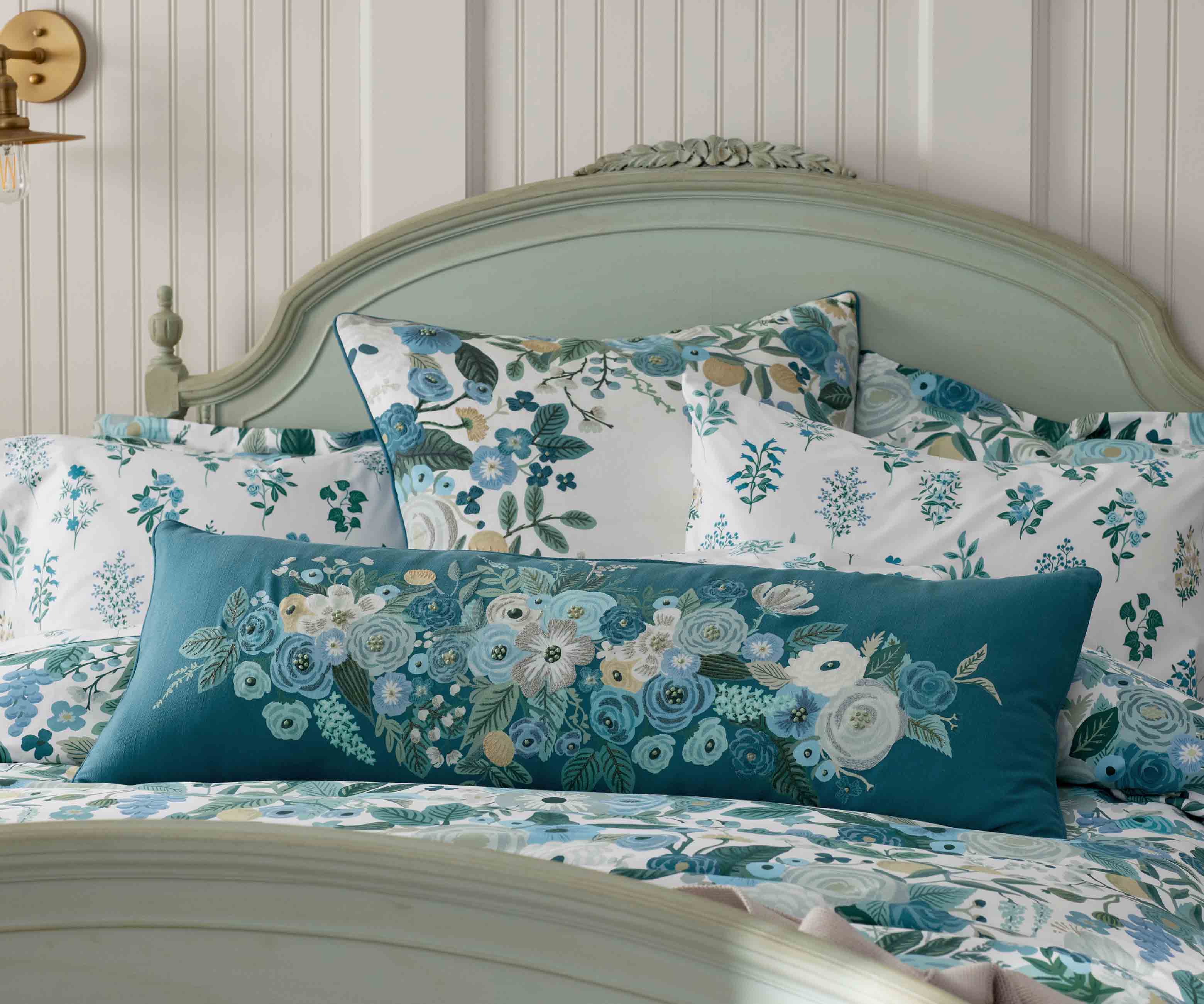 Embroidered Lumbar Pillow Cover - Garden Party Blue - Image 3