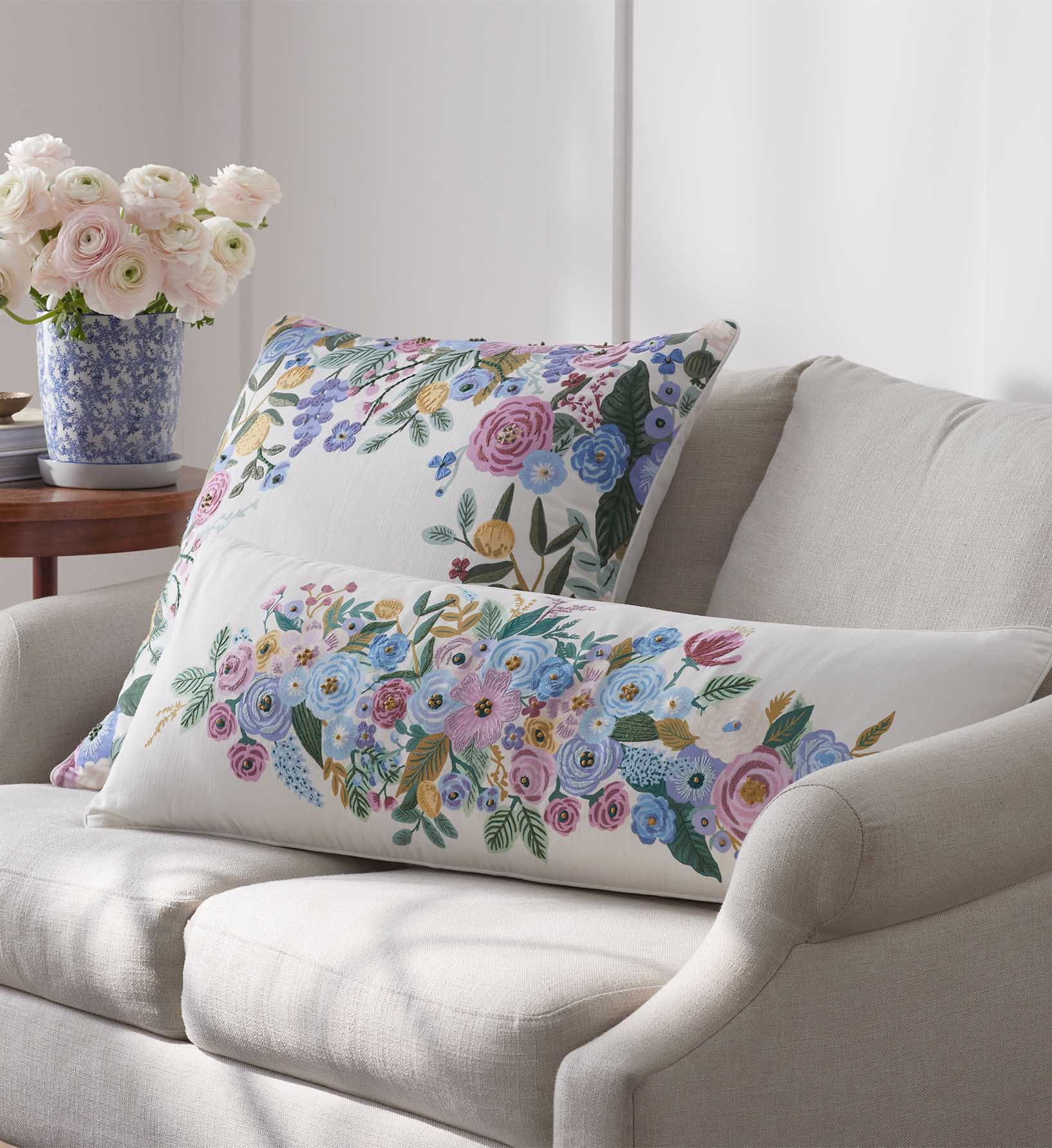 Embroidered Lumbar Pillow Cover - Garden Party Ivory - Image 3