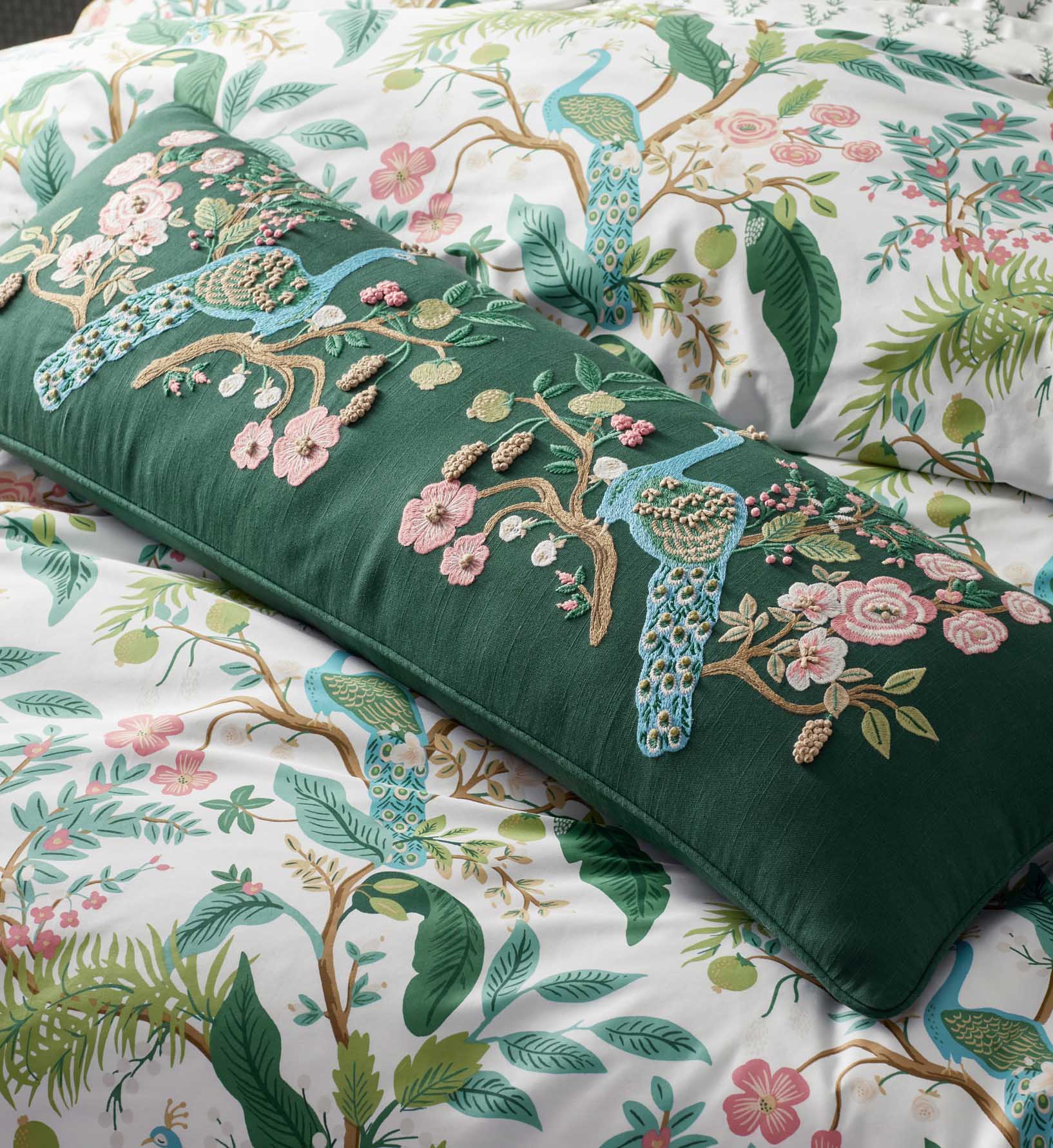 Embroidered Lumbar Pillow Cover - Peacock Emerald - Image 2
