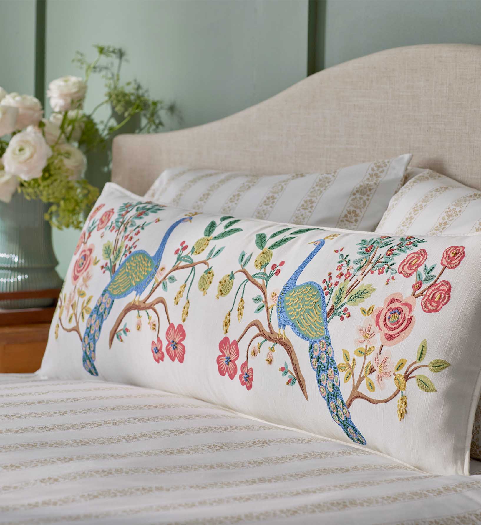 Embroidered Lumbar Pillow Cover - Peacock Ivory - Image 2