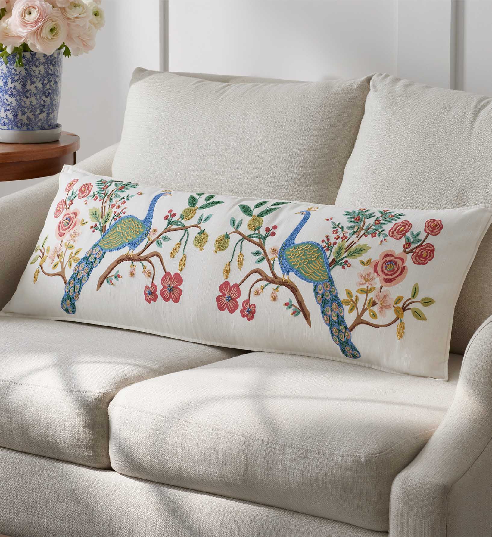 Embroidered Lumbar Pillow Cover - Peacock Ivory - Image 5