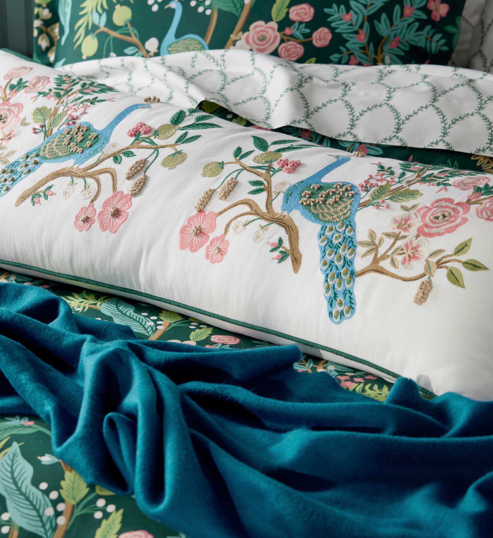 Embroidered Lumbar Pillow Cover - Peacock White - Image 2