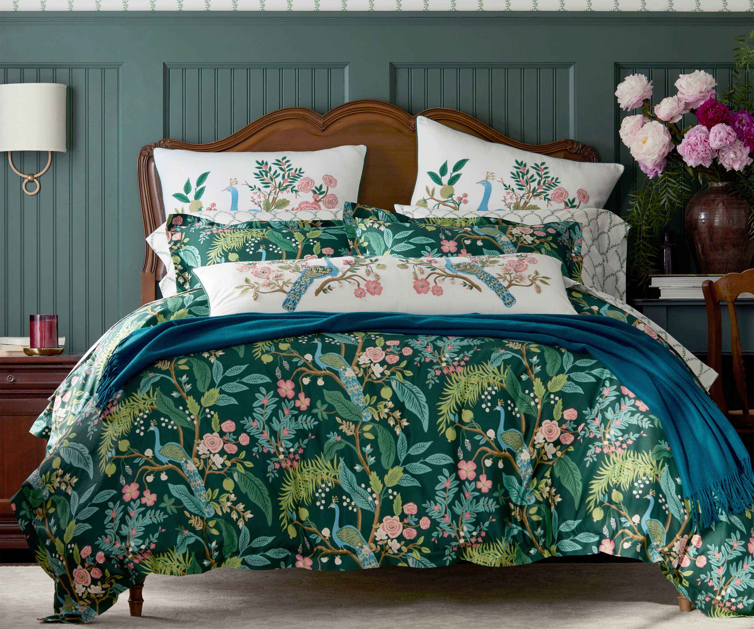 Embroidered Lumbar Pillow Cover - Peacock White - Image 3