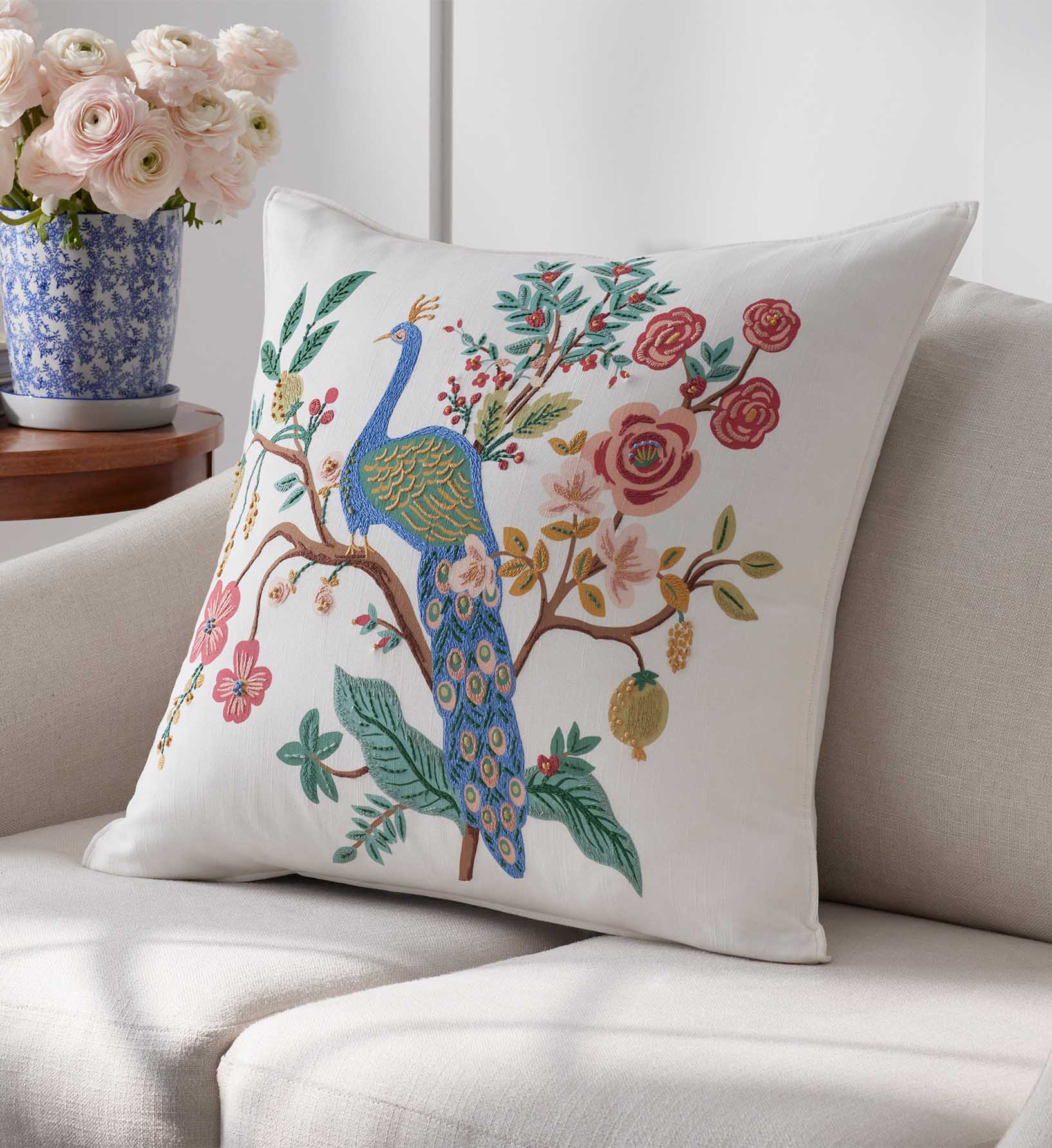 Embroidered Pillow Cover - Peacock Ivory - Image 2