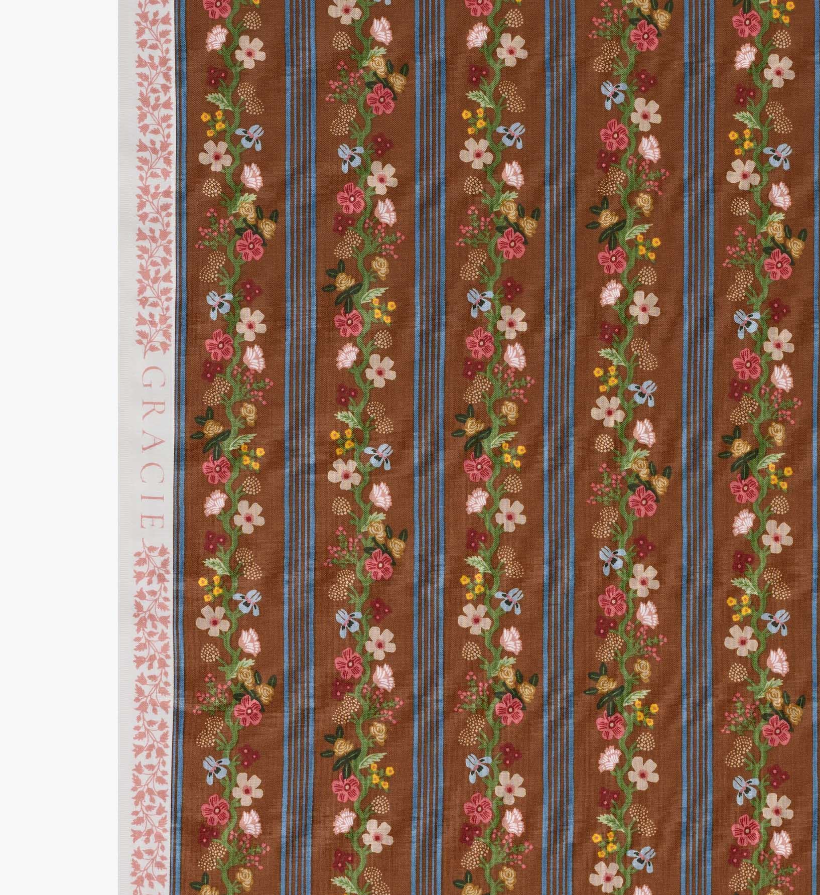 Floral Trellis Stripe Cotton Fabric - Clay - Image 3