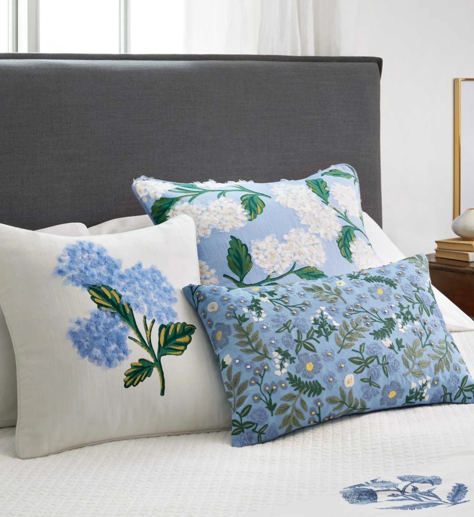 Hydrangea Bouquet Embellished Pillow - Cream - Image 2