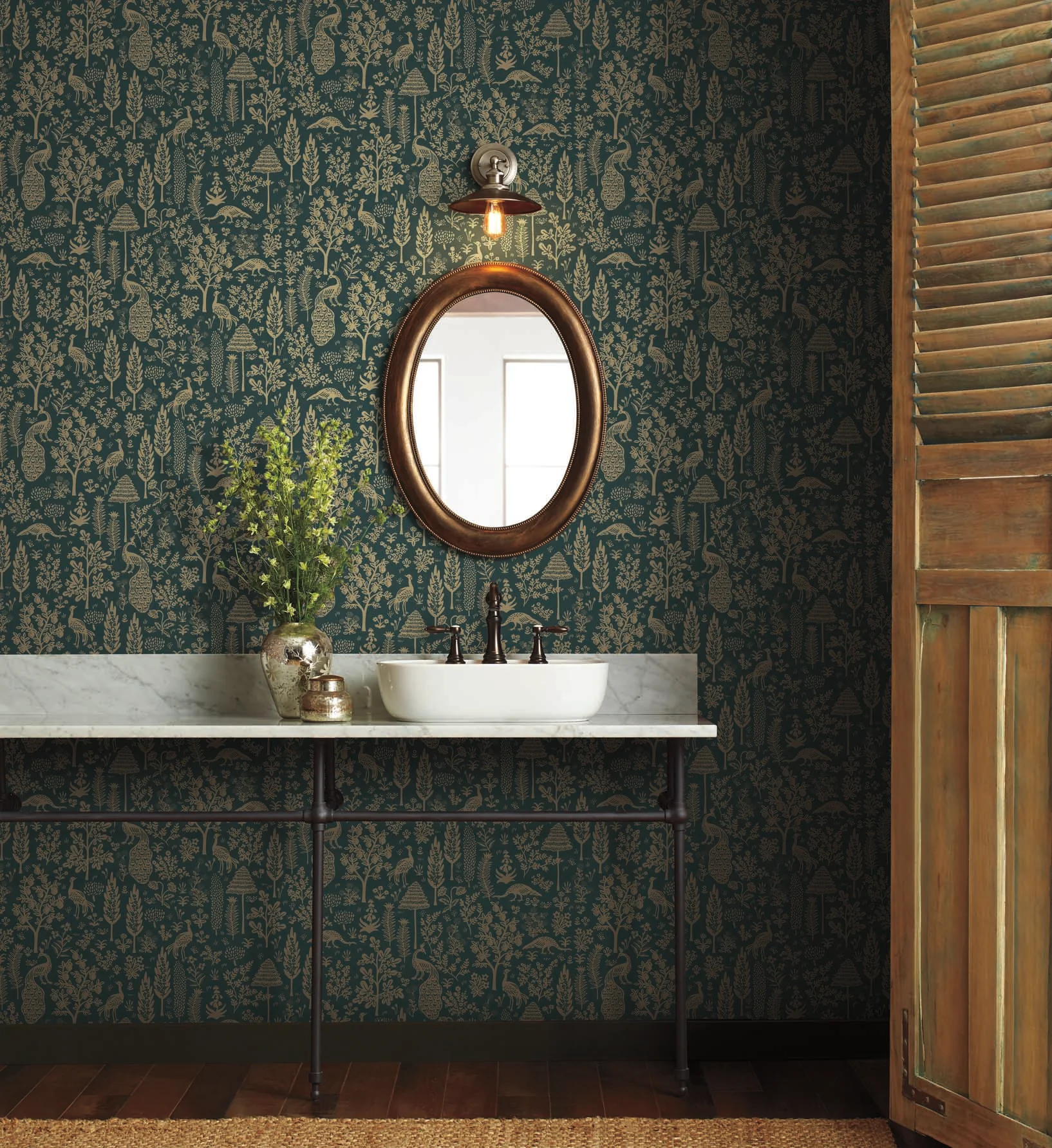 Menagerie Toile Wallpaper - Emerald & Metallic Gold - Image 2