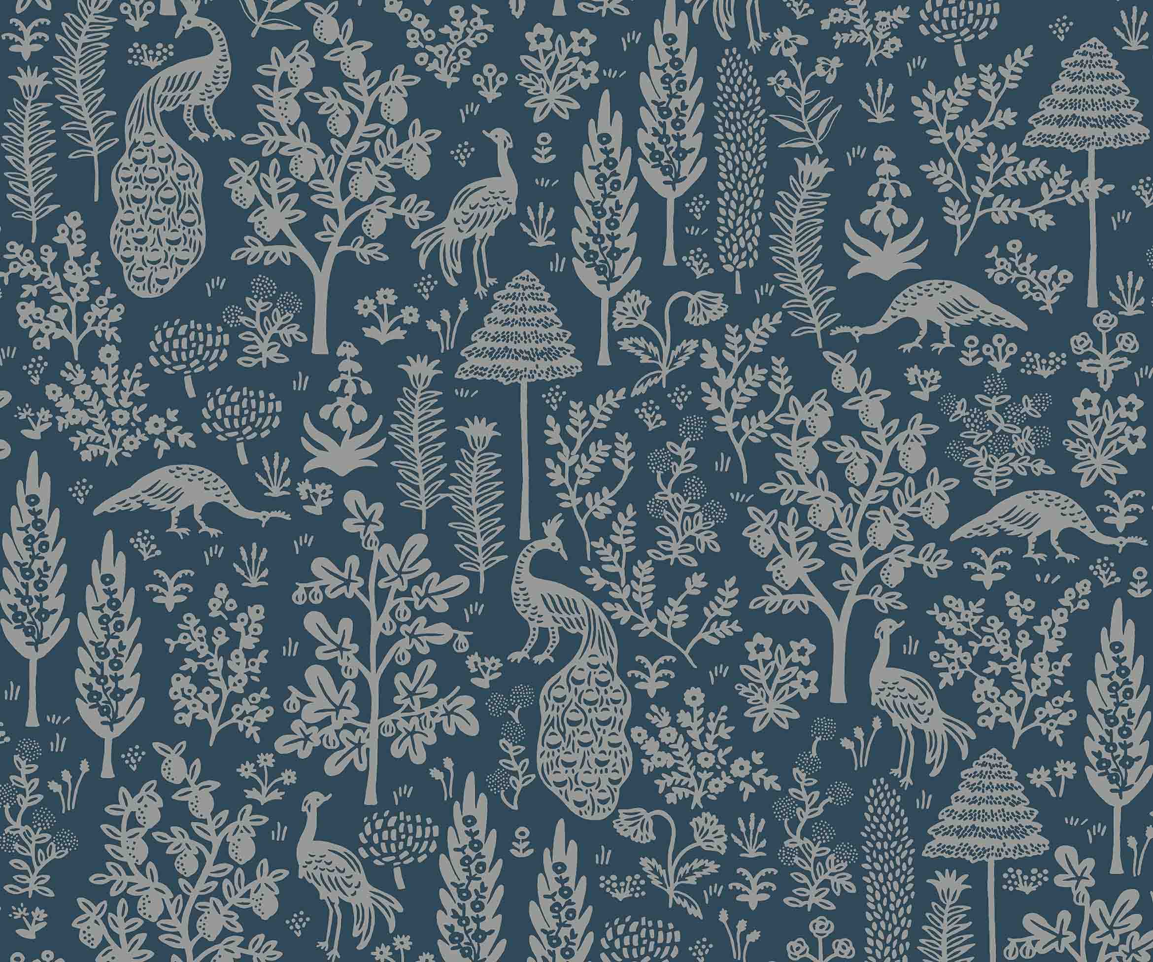 Menagerie Toile Wallpaper - Navy & Metallic Silver - Image 3