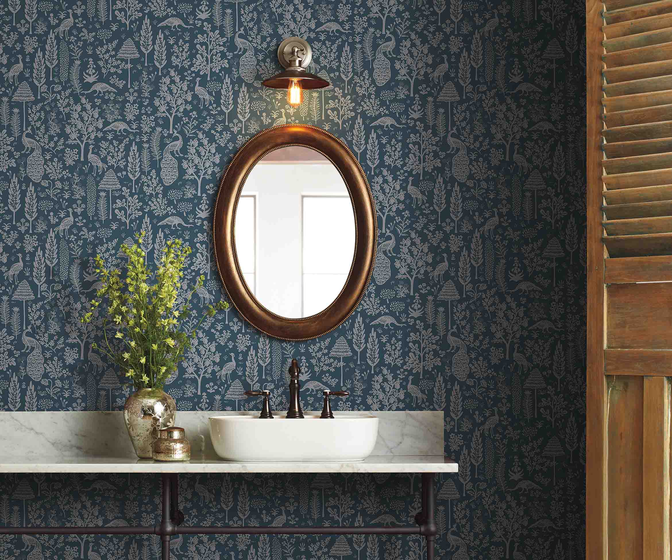 Menagerie Toile Wallpaper Sample - Navy & Metallic Silver - Image 3