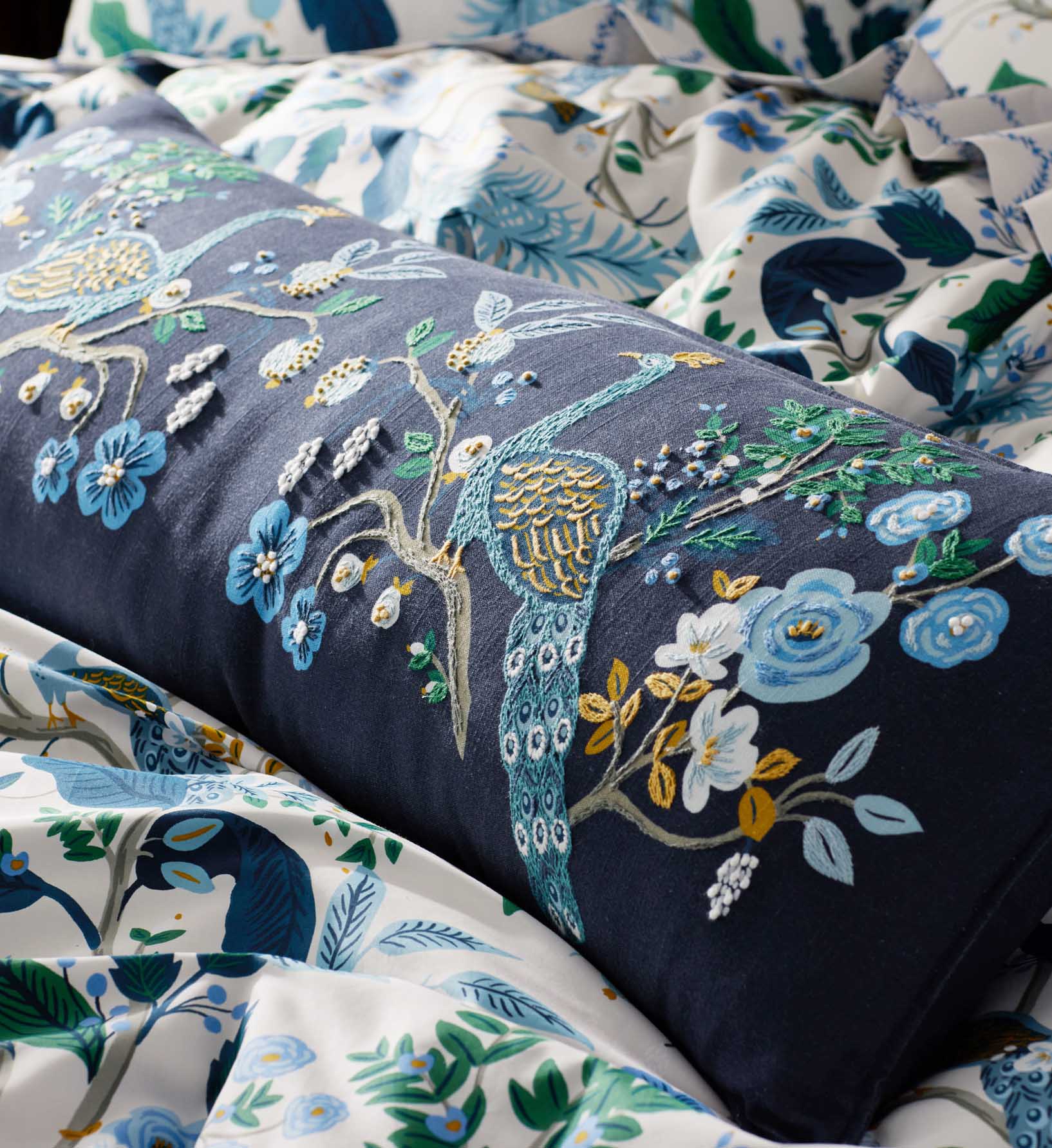 Embroidered Lumbar Pillow Cover - Peacock - Image 2