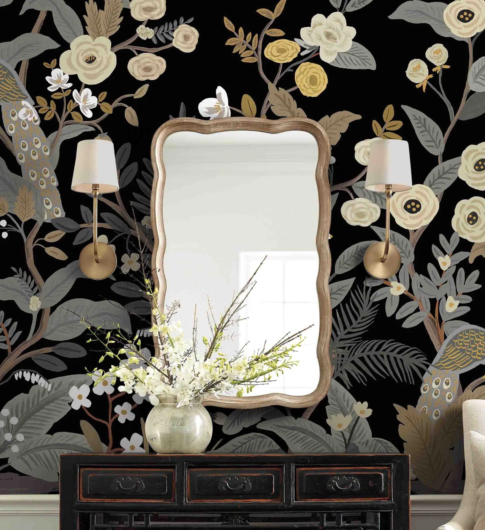 Peacock Wallpaper Mural - Black - Image 2