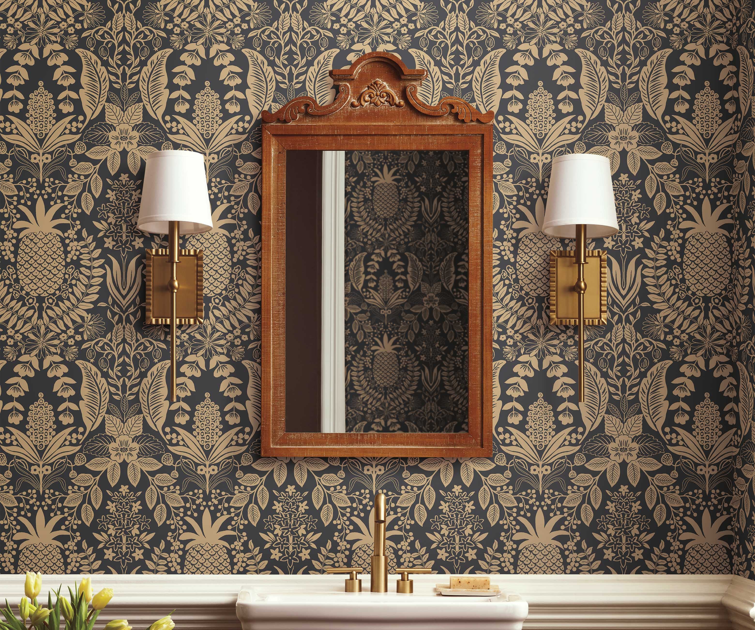 Pineapple Damask Wallpaper Sample - Black & Gold - Image 3