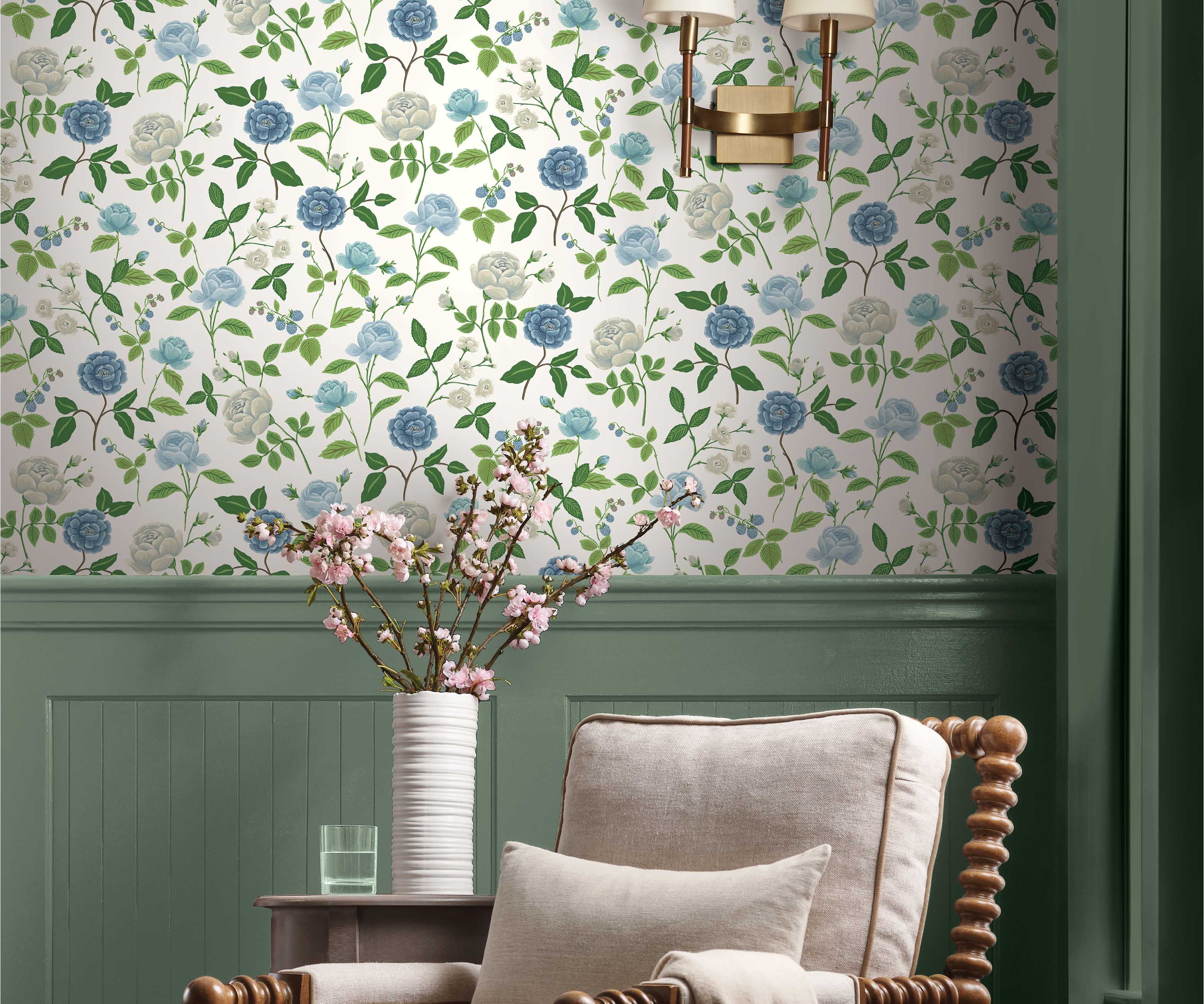 Roses Wallpaper Sample - White & Blue - Image 3