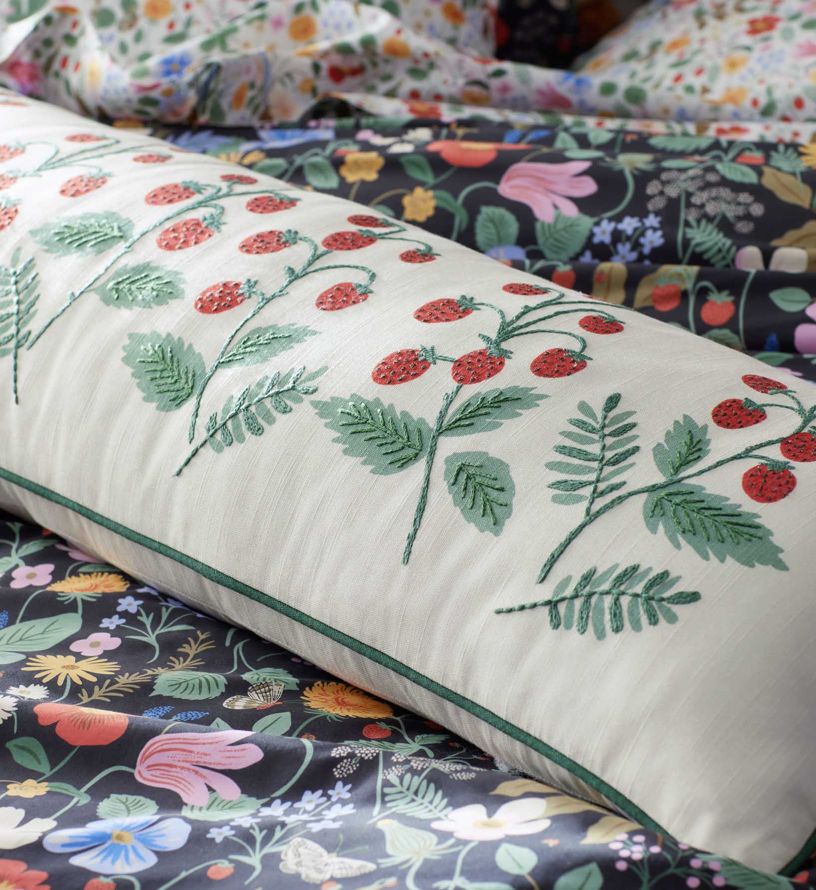 Embroidered Lumbar Pillow Cover - Strawberries - Image 2