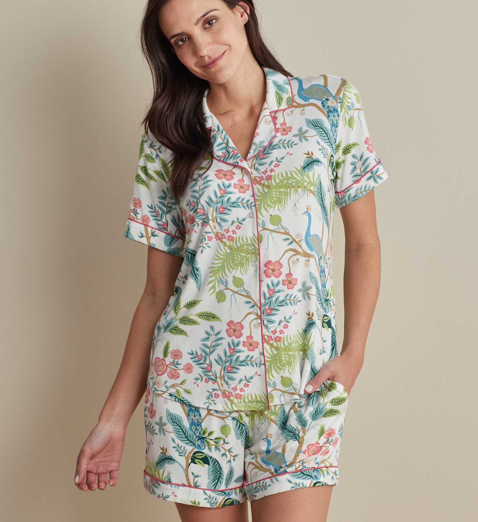 Tencel Modal Button Front Short Set - Peacock Ivory - Image 2