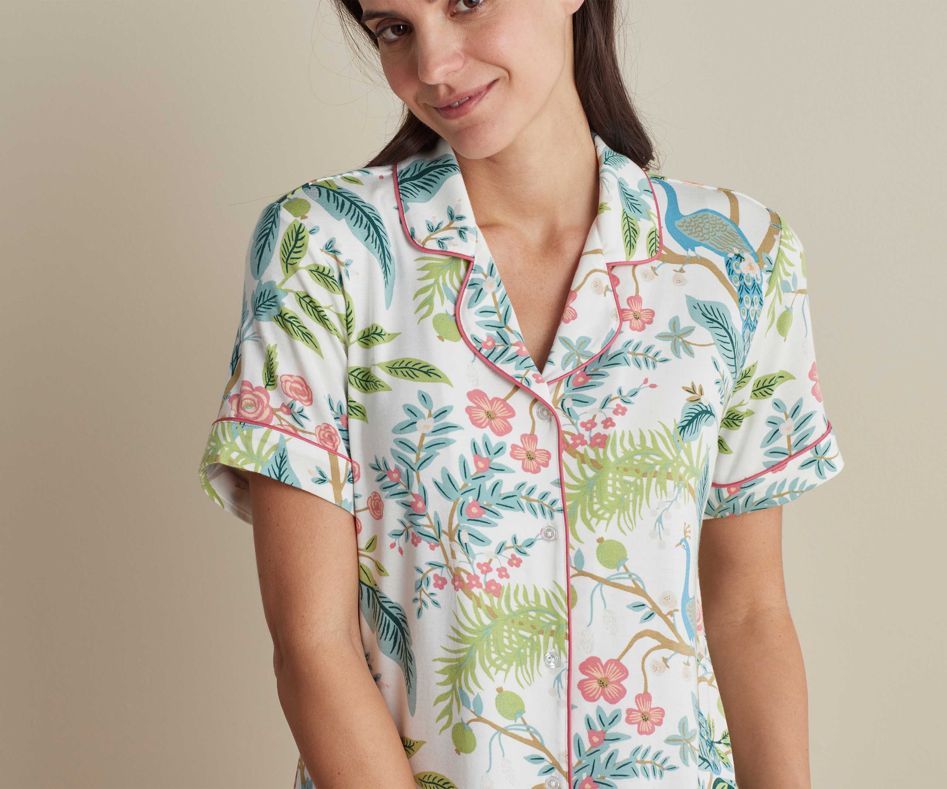 Tencel Modal Button Front Short Set - Peacock Ivory - Image 3
