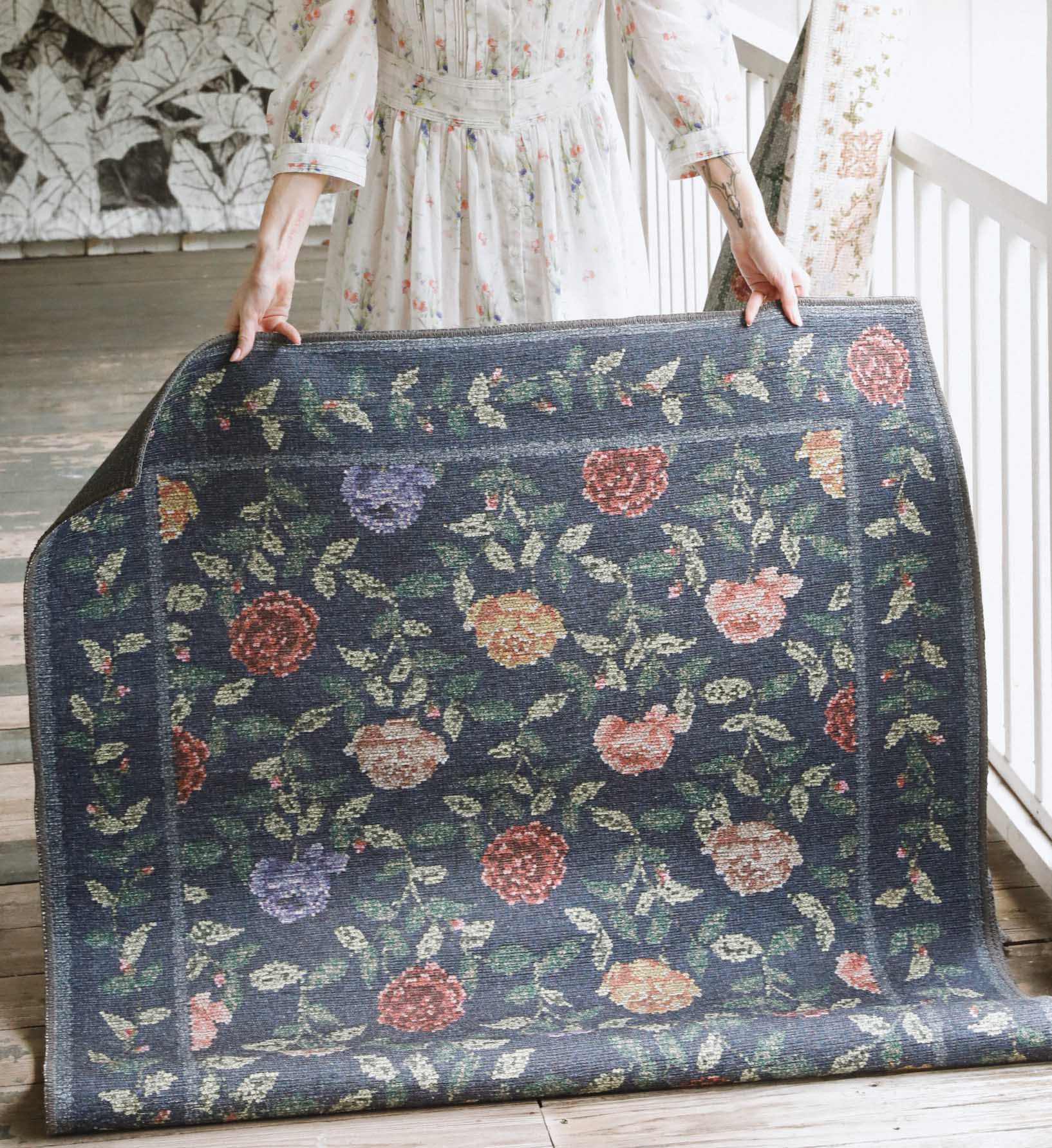 Wildwood Rose Trellis Printed Rug - Navy - Image 2